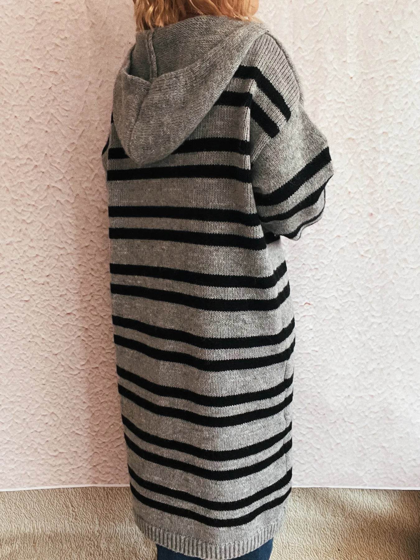 Striped Open Front Hooded Cardigan - Ultim8 Designs 4 U