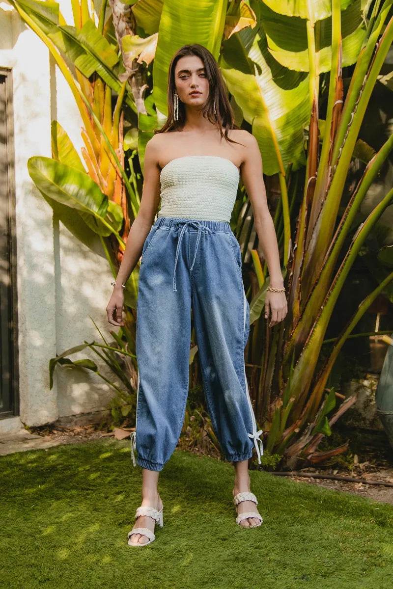 BiBi Striped Tape Details With Bot Tied Point Elastic Waist Jeans - Ultim8 Designs 4 U