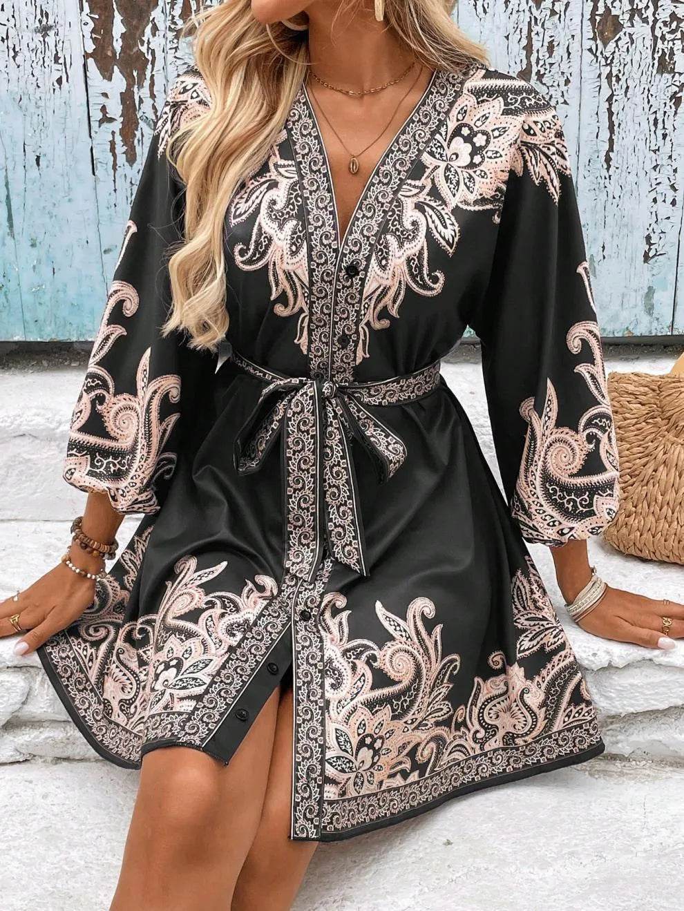Paisley V-Neck 3/4 Sleeve Mini Dress - Ultim8 Designs 4 U