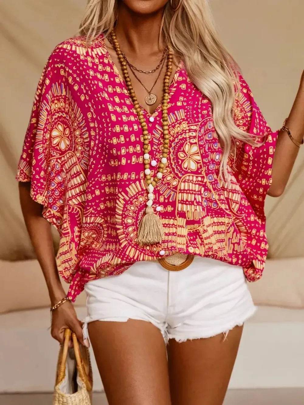 Printed V-Neck Half Sleeve Top - Ultim8 Designs 4 U