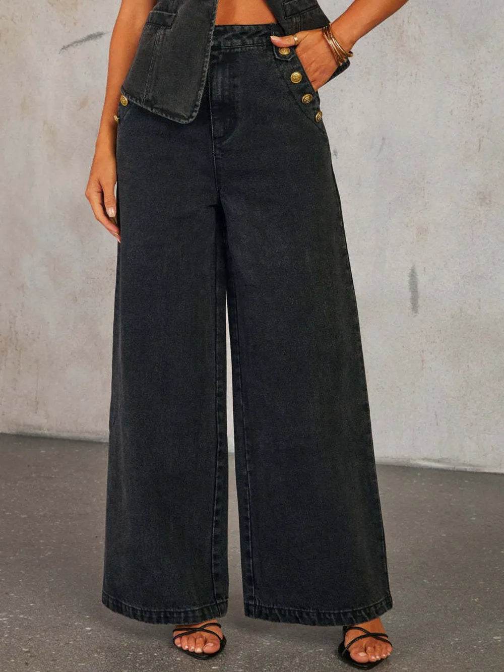 Button Decor High Rise Wide Leg Jeans - Ultim8 Designs 4 U