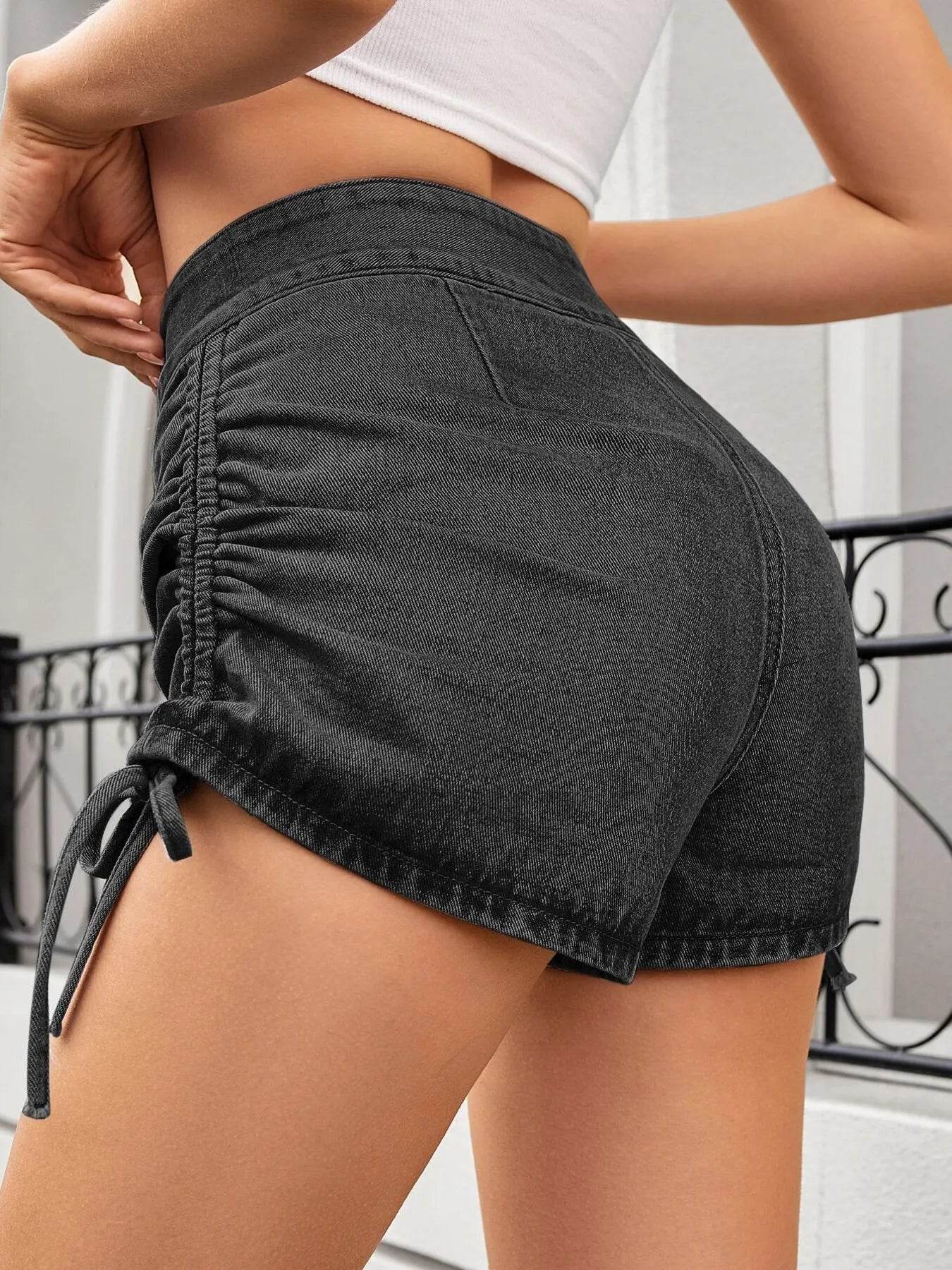 Ruched Side Drawstring Denim Shorts - Ultim8 Designs 4 U