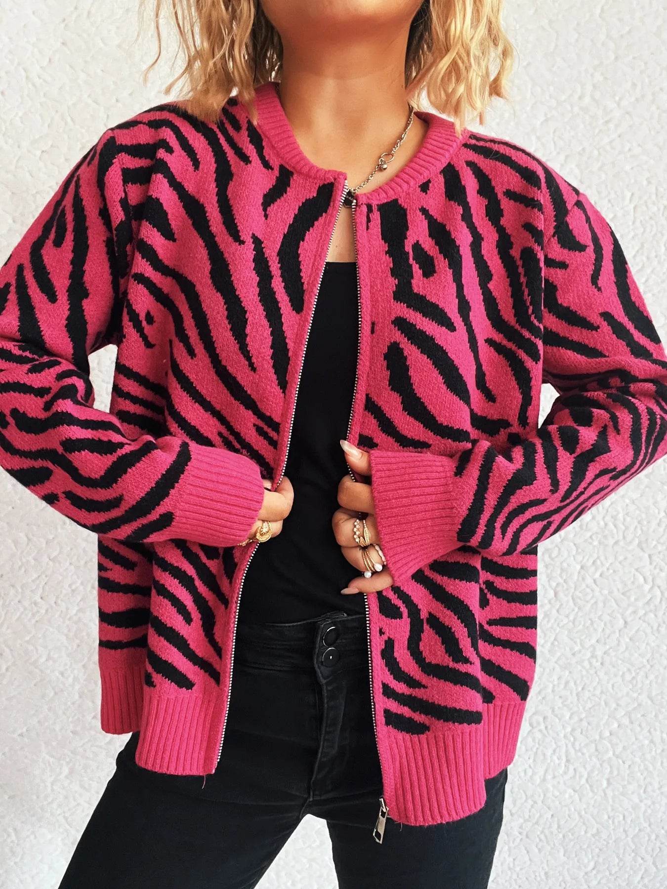 Zebra Print Zip Up Cardigan - Ultim8 Designs 4 U