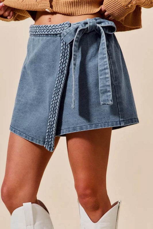 SO ME Wrap Braided Trimmed Denim Skort - Ultim8 Designs 4 U