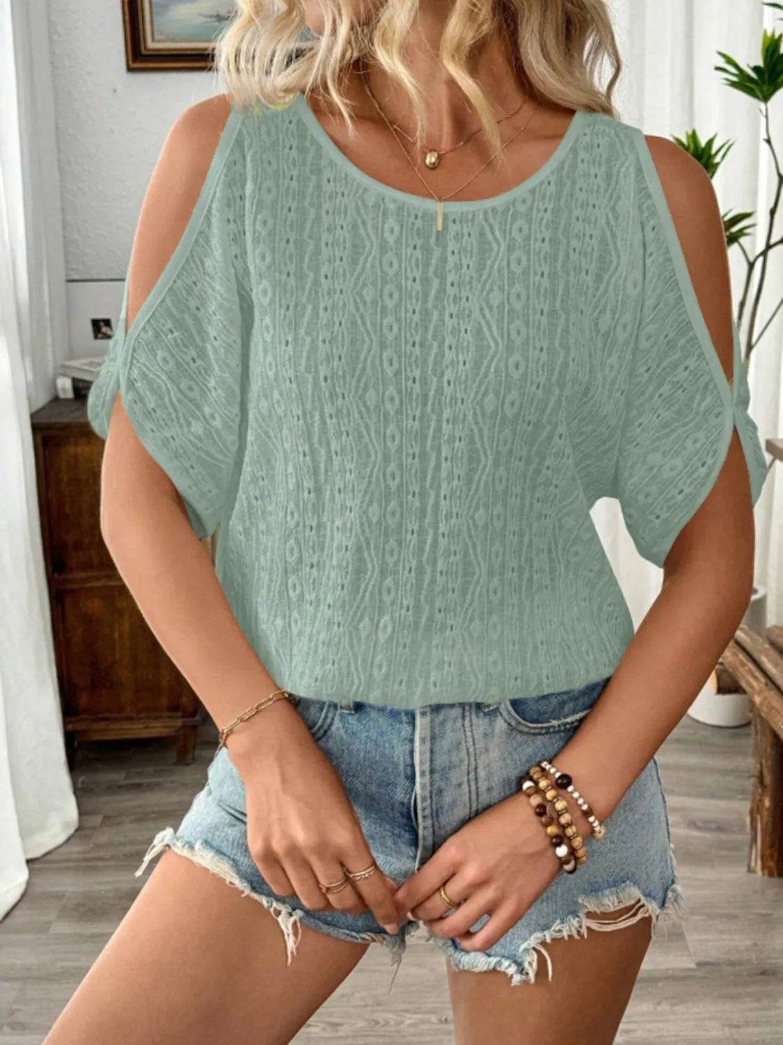 Eyelet Cold Shoulder Round Neck Blouse - Ultim8 Designs 4 U