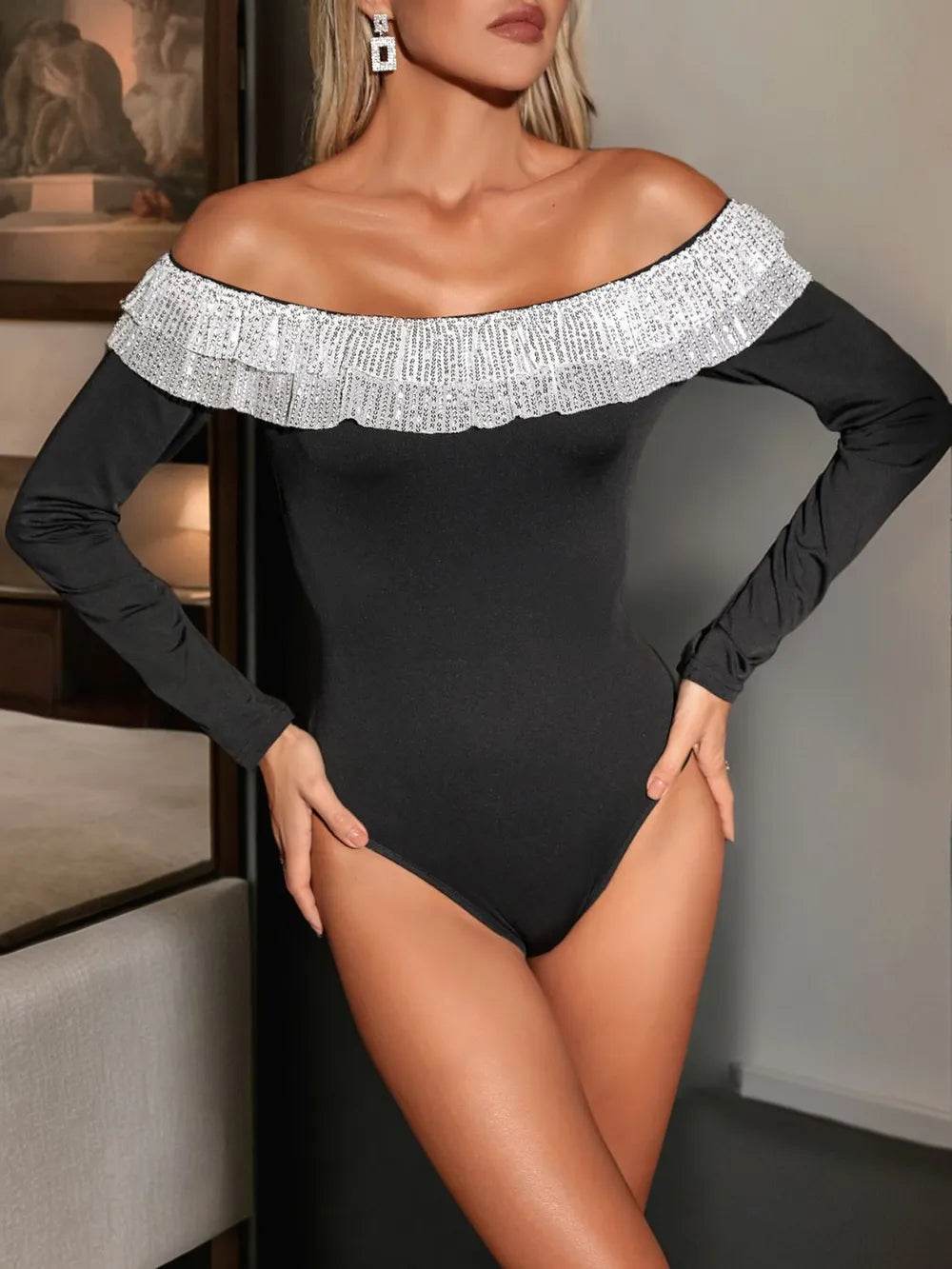 Perfee Sequin Ruffled Off-Shoulder Long Sleeve Bodysuit - Ultim8 Designs 4 U
