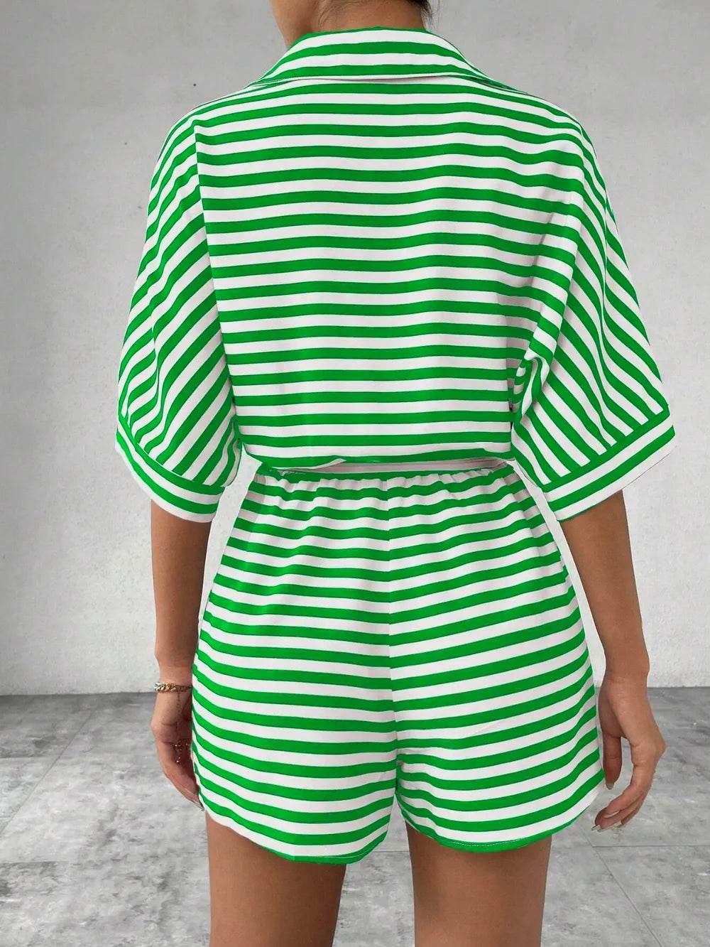 Tie Waist Half Button Striped Romper - Ultim8 Designs 4 U