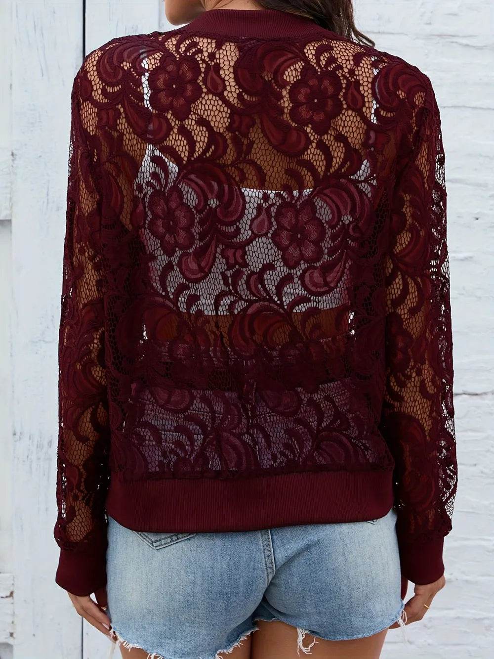 Sheer Lace Zip Up Long Sleeve Jacket - Ultim8 Designs 4 U