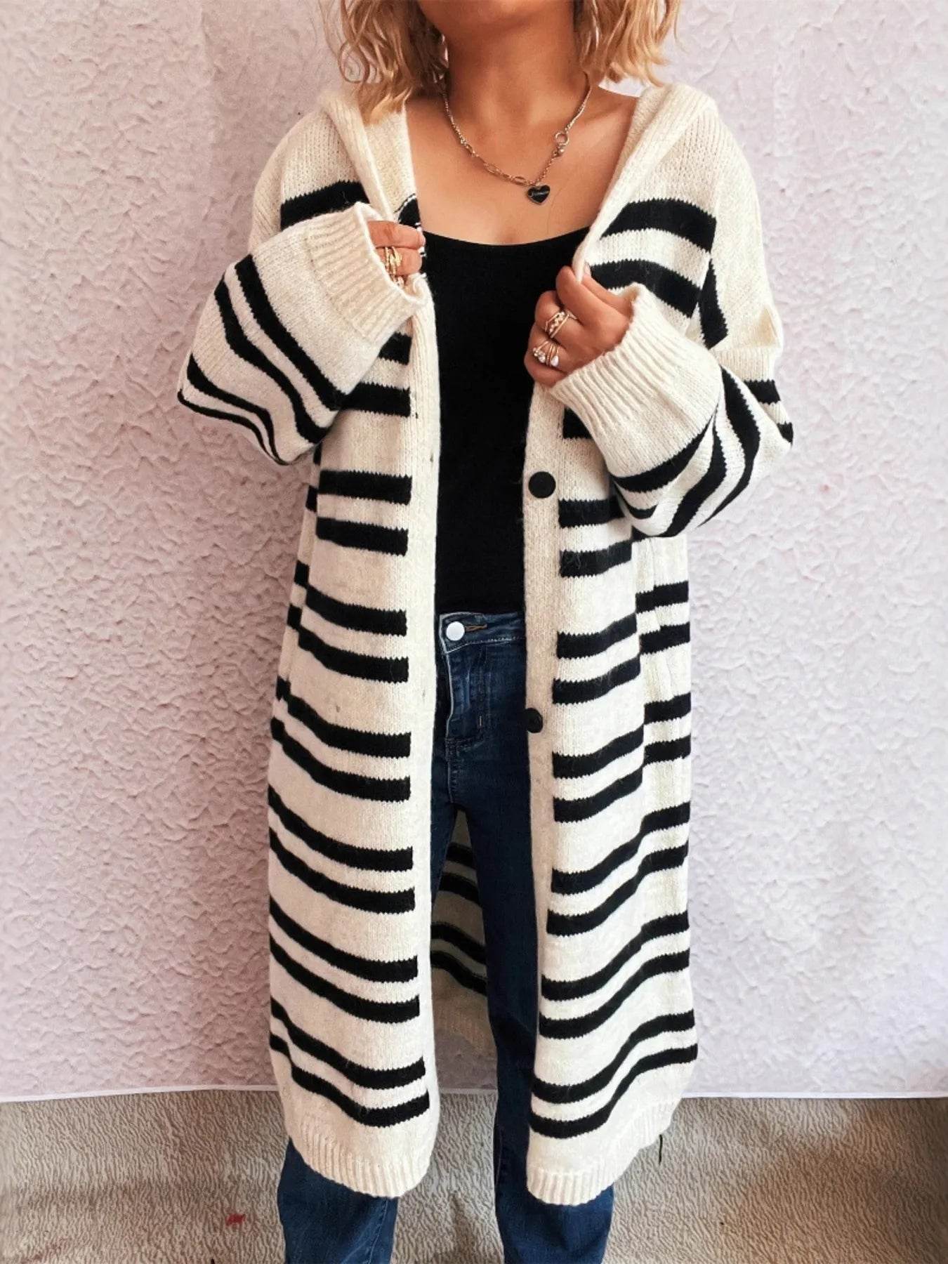 Striped Open Front Hooded Cardigan - Ultim8 Designs 4 U
