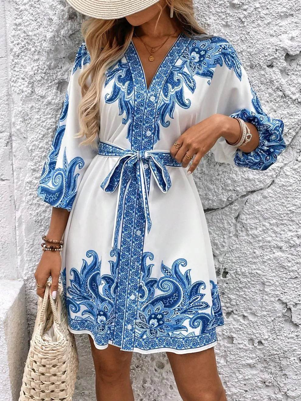 Paisley V-Neck 3/4 Sleeve Mini Dress - Ultim8 Designs 4 U