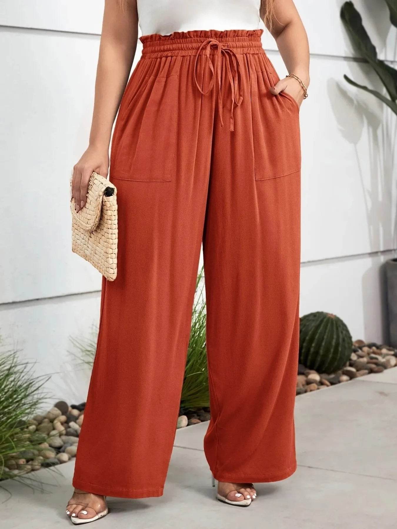 Plus Size High Waist Wide Leg Drawstring Pants - Ultim8 Designs 4 U