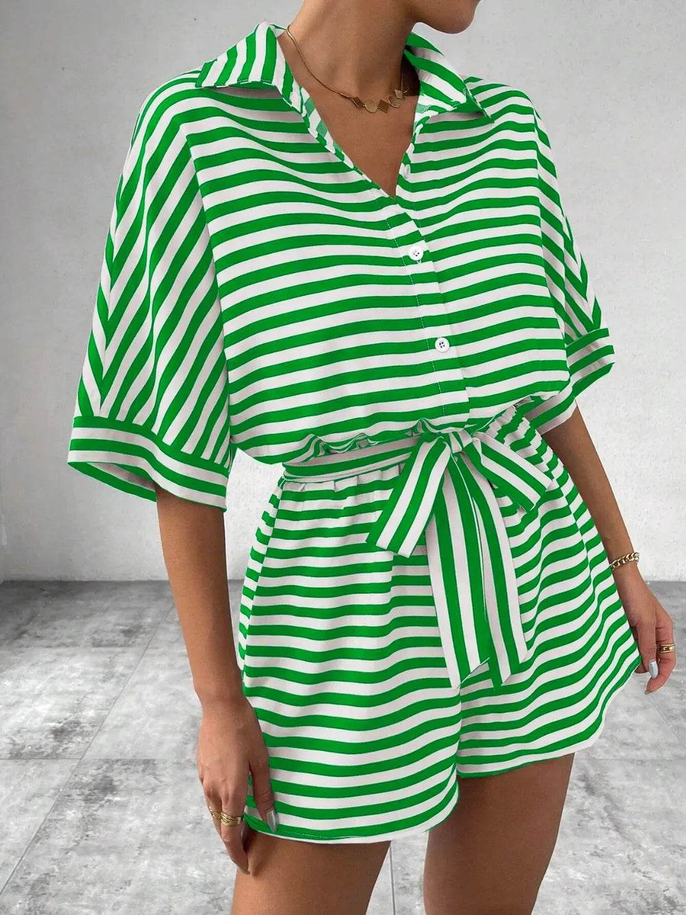 Tie Waist Half Button Striped Romper - Ultim8 Designs 4 U