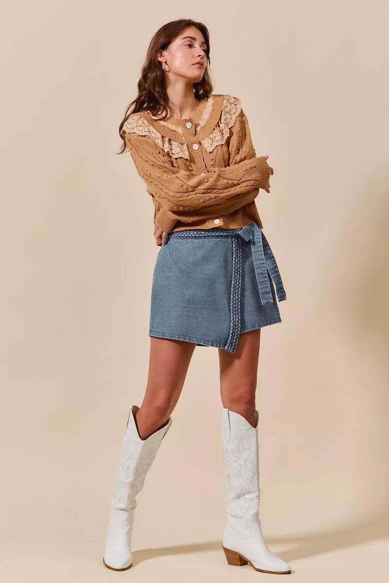 SO ME Wrap Braided Trimmed Denim Skort - Ultim8 Designs 4 U
